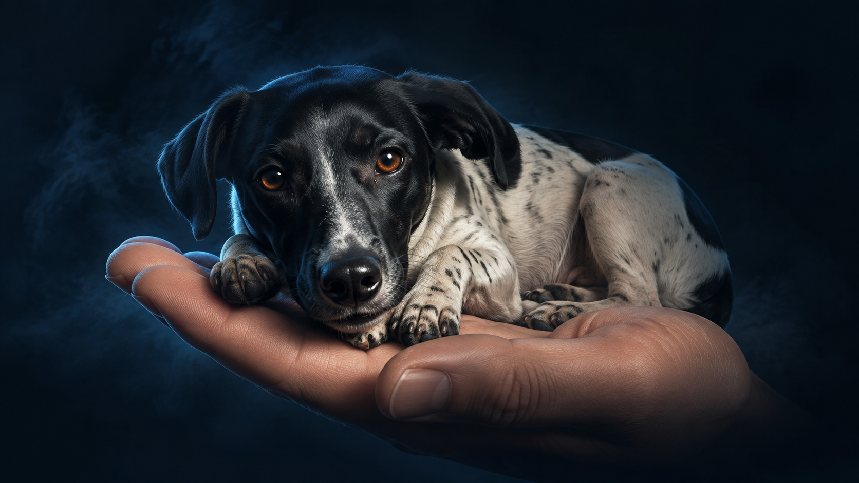 Dusty liegt auf einer Hand